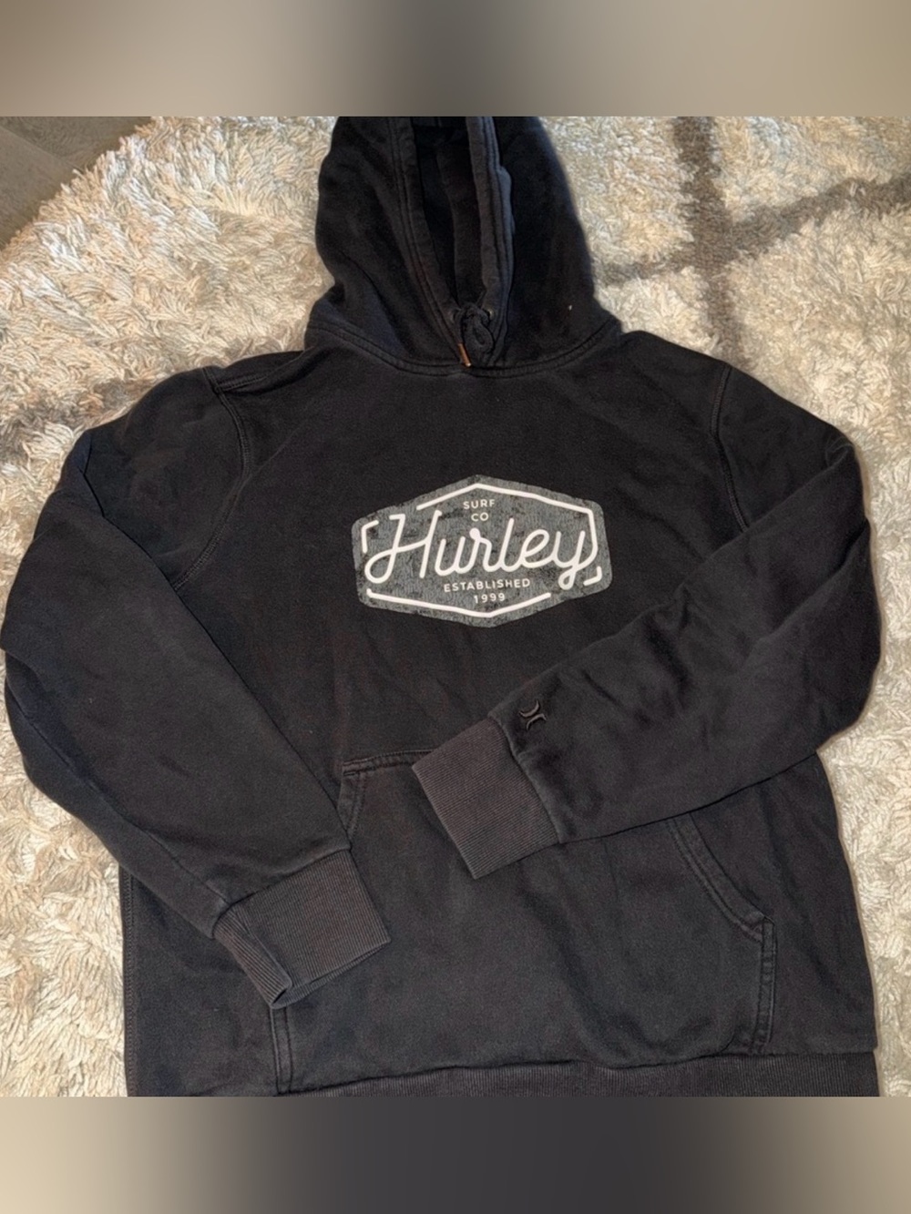 Juniors Faded Black Hurley Hoodie with White Script Logo